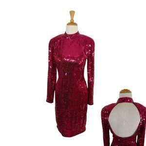 Nightline M VTG 12 Red Sequin Disco Dress Keyhole Back 70s 80s Costume Tootsie